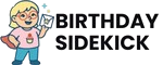 Blond girl with red glasses and red cape wearing a pink shirt that has an image of a cupcake on it. She is holding a birthday card in an envelope sealed with a yellow star. Next to her is the title "Birthday Sidekick"