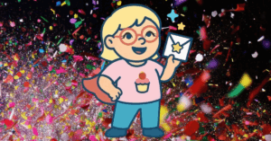 The Birthday Sidekick girl, wearing a red cape, pink shirt adorned with a cupcake, blue pants, and holding a birthday card envelope sealed with a star is standing in front of a spray of confetti on a black background, to celebrate the launch of Birthday Sidekick.