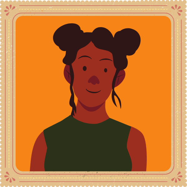 placeholder image within a frame, with a mustard yellow background there is an illustrated girl with a green sleeveless shirt, wearing her hair in two topknots.