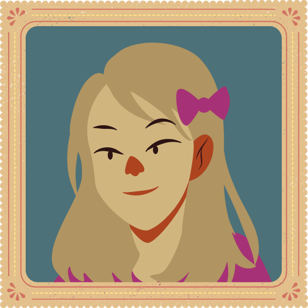 placeholder image Within a frame, on a blue background, an illustrated girl with long blond hair wears a purple bow in her hair.