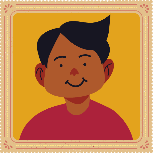 placeholder image Within a frame with a golden yellow background is an illustrated boy wearing a pink sweater. His hair is parted and one side swoops upward.