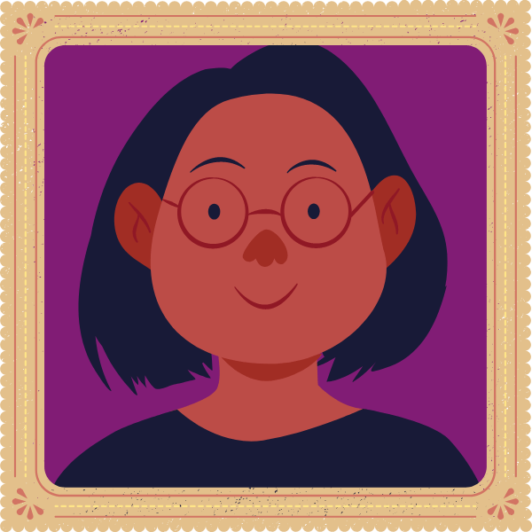 placeholder image Within a frame on a purple background is an illustrated girl wearing glasses and a short bob cut hairstyle.