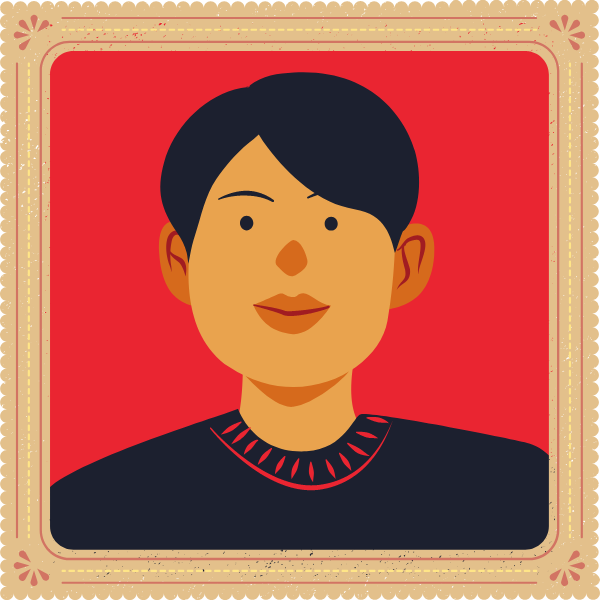 placeholder image Within a frame on a red background is an illustrated boy with a side part in his hair, and a black sweater.