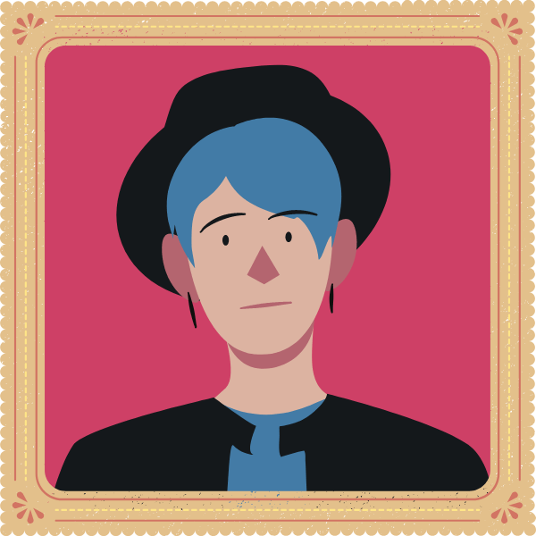 placeholder image Within a frame on a pink background is an illustrated boy wearing a black hat and jacket. He has blue hair.