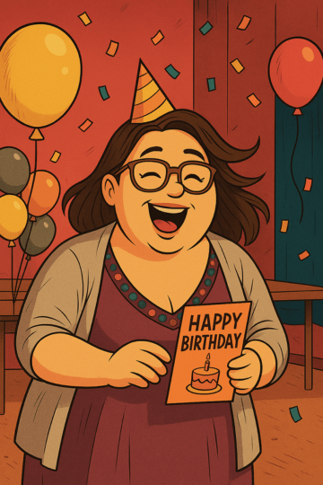 Volunteer Joyce An illustrated cartoon version of Joyce, singing Happy Birthday and holding a birthday card with balloons in the background.