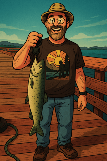 Volunteer Sean An illustrated cartoon version of Sean wearing a green tilley hat, jeans, and a T-shirt, holding a salmon, while standing on a boardwalk.