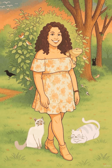 Volunteer Tabitha An illustrated woman with curly brown hair standing outdoors in front of some greenery, with birds hiding in the bushes, a bearded dragon on her shoulder, and two cats at her feet.