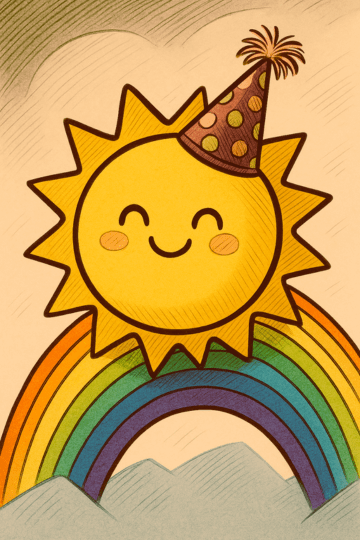 Volunteer placeholder Abby A smiling sun wearing a party hat, placed in front of a rainbow.