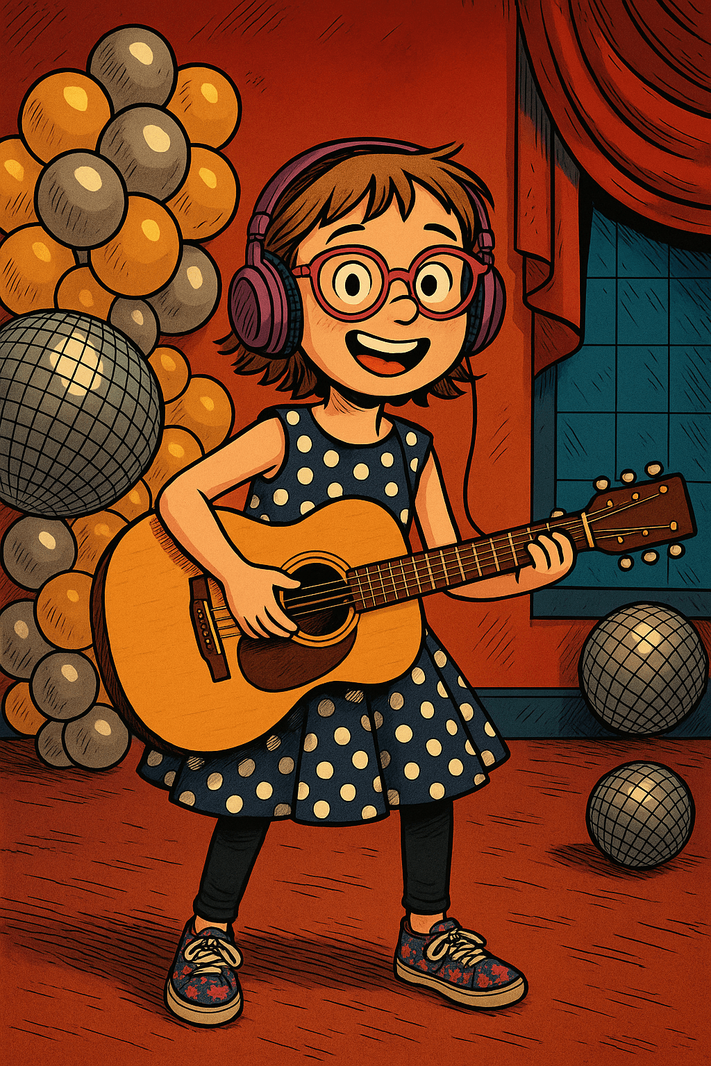 holly cartoon A cartoon illustration of Holly wearing a polka dot dress, playing a guitar with a huge smile, with balloons in the background.