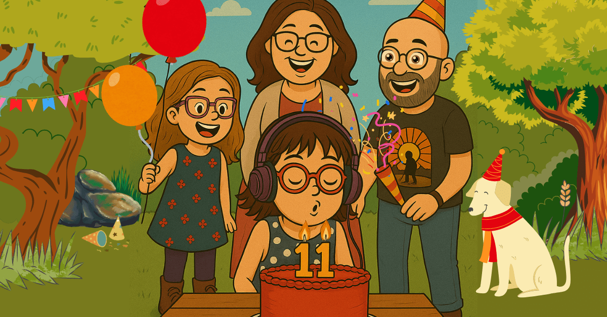 An illustrated cartoon version of a birthday celebration. Holly with short hair and purple ear defenders is blowing out candles on a red cake, with her family (Abby, Joyce, and Sean) in the background. Abby is holding two balloons, and Sean has a confetti popper. There is a banner hung in a tree, and their dog Theo dressed up in a birthday hat and scarf.